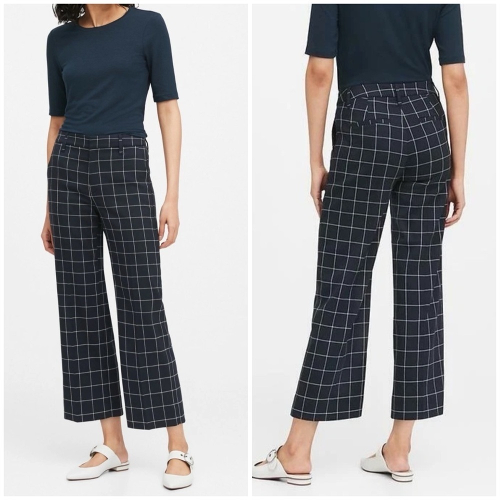 BANANA REPUBLIC WOMEN'S WIDE LEG CROP NAVY PLAID PANTS Sz 10P NWT